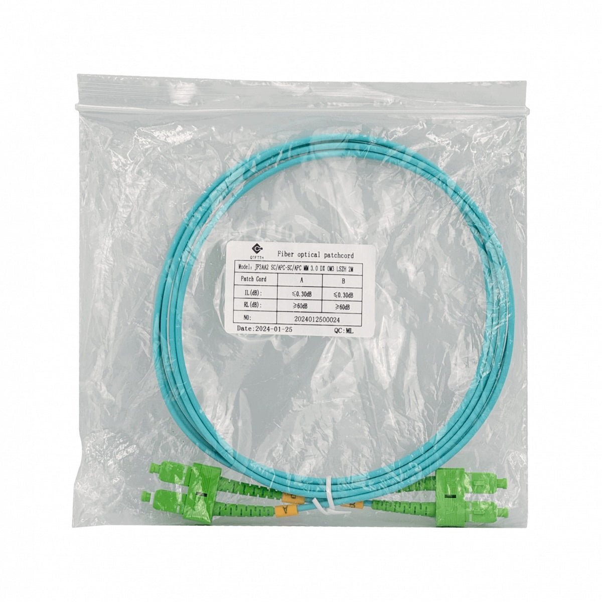JF3AA2 2 metros SC/APC a SC/APC OM3 Multimodo MM Dúplex Latiguillo de Fibra con Cubierta LSZH