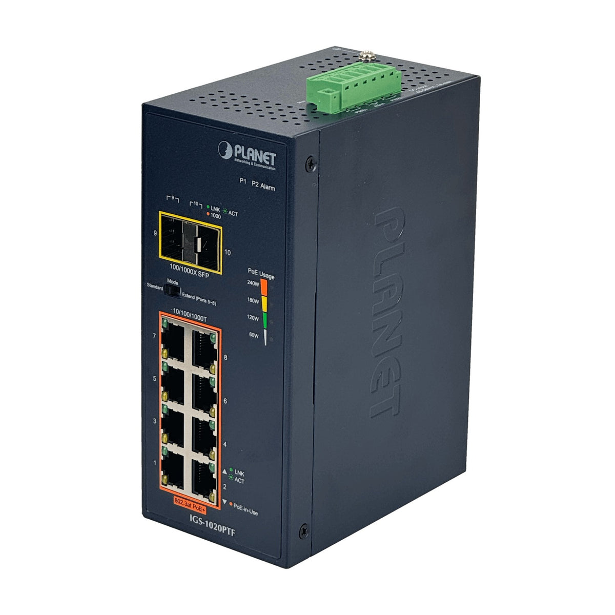 IGS-1020PTF Switch Industrial Gestionable PLANET 8 Puertos 1000 PoE+ 2 Ranuras SFP Presupuesto 240 Vatios Montaje Riel DIN Alimentación 48/54 Voltios DC