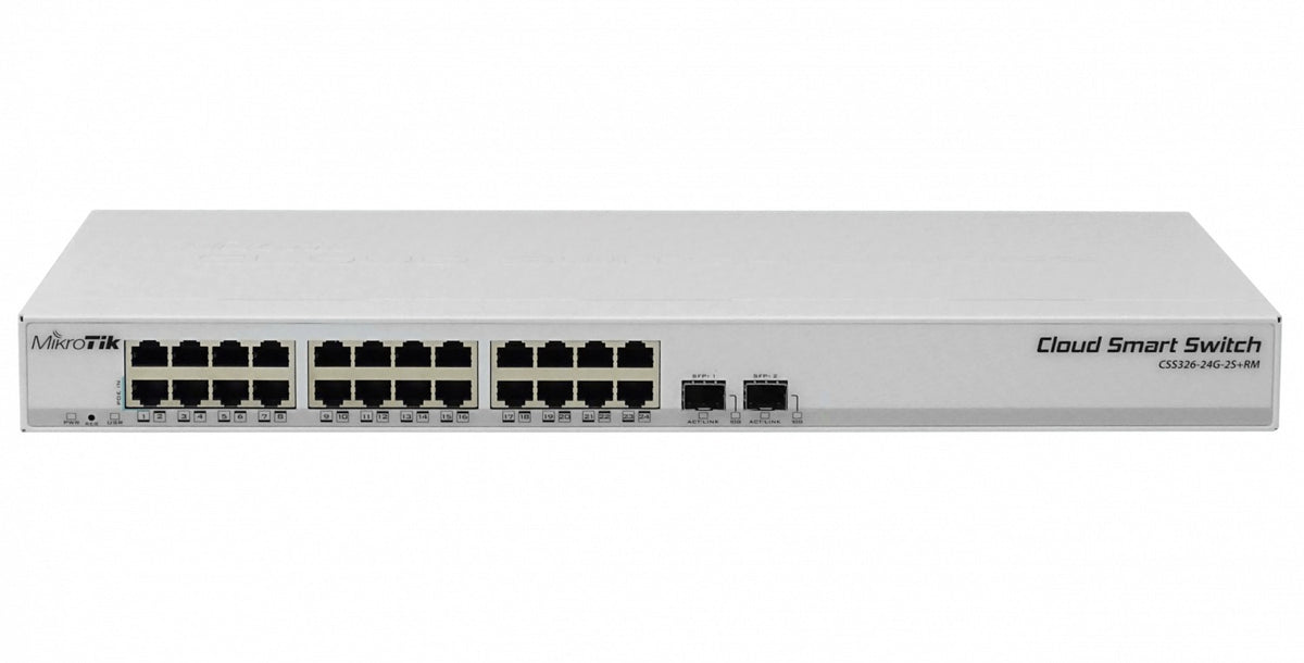 CSS326-24G-2S+RM MIKROTIK Switch Inteligente 24 Puertos 1000Base-T 2 Ranuras SFP/SFP+ 10G 10-30V PoE-in SwOS Montaje en Bastidor
