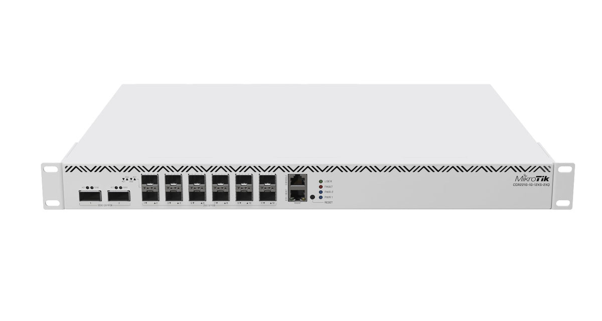CCR2216-1G-12XS-2XQ Enrutador MIKROTIK con 2 puertos QSFP28 de 100G, 12 SFP28, 1 gestión 1000Base-T, licencia L6, doble fuente 220 VAC, requiere cables C13