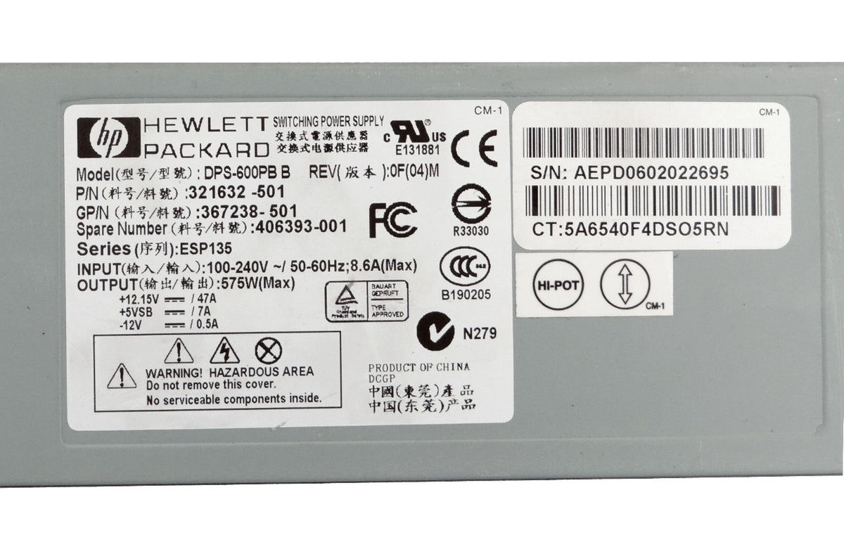 321632-001 HP Módulo de Alimentación Redundante 575W para Servidor Proliant DL380 G4 DPS-600PB
