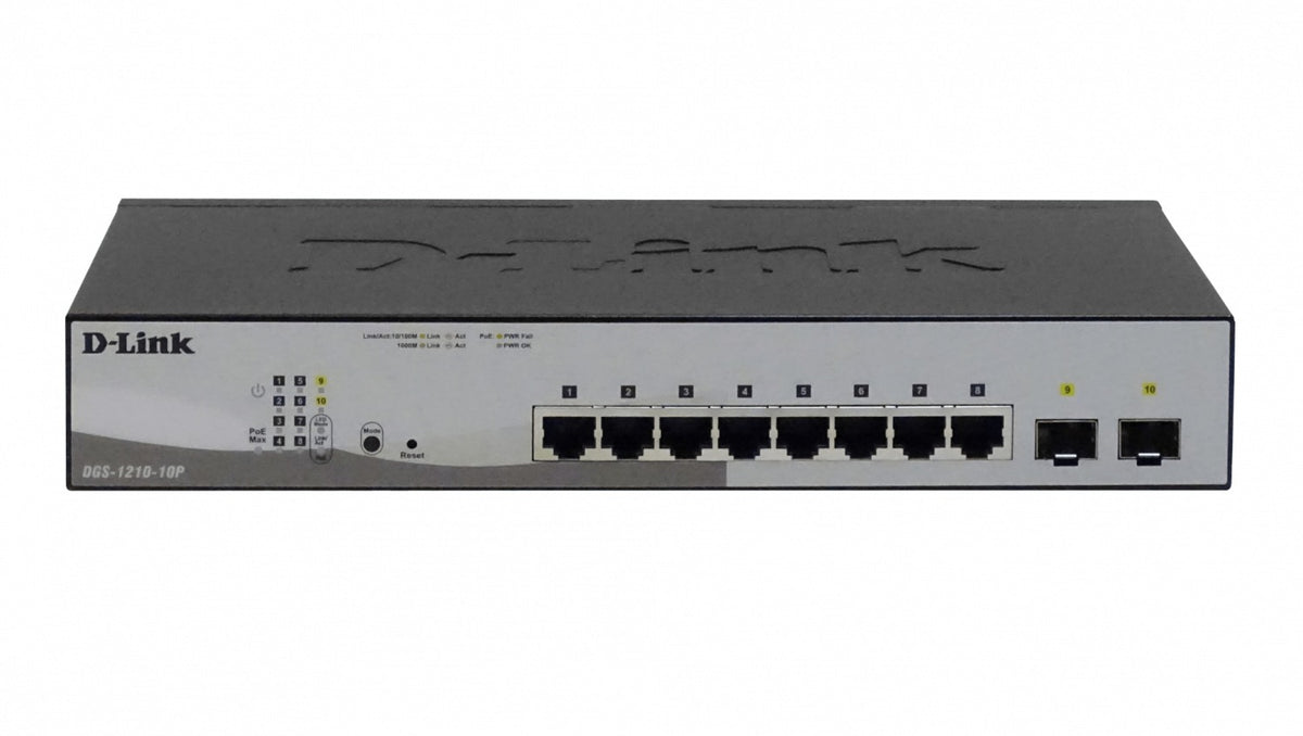 DGS-1210-10P D-LINK Switch Gestionable Capa 2 con 8 Puertos Gigabit PoE+ 802.3af/at 48V 2 Puertos SFP Combo Presupuesto Total 65W