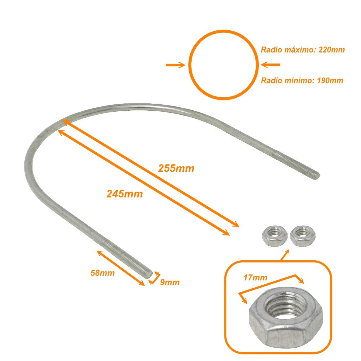 UDN-20 Abrazadera para Poste o Tubo Diámetro 190-220mm con 2 tuercas de 17mm requiere pletina