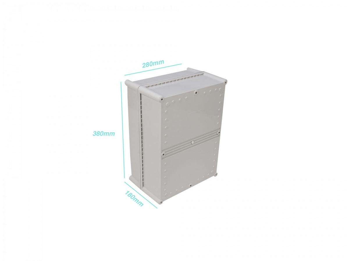 AG-2838-1. Caja plástica gris con tapa gris de 380x280x180 mm, con placa de montaje, grado de protección IP66, conforme a RoHS