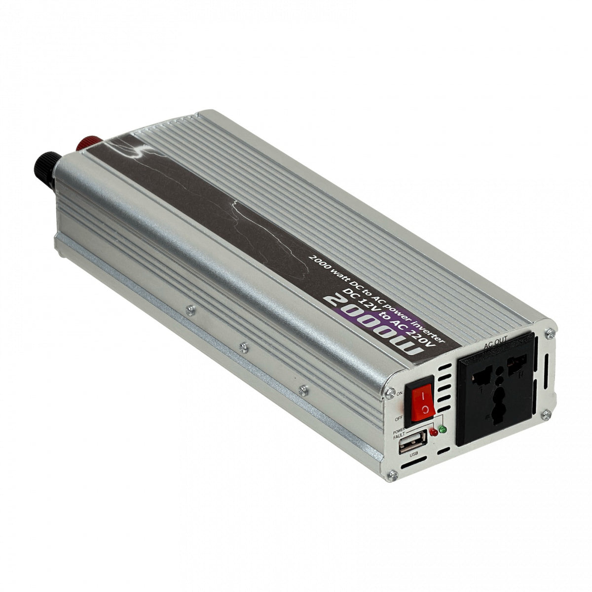 INV-2000W. Convertidor de corriente 2000W entrada 12VDC salida 220V 1 enchufe multinorma 1 puerto USB-A con ventilador
