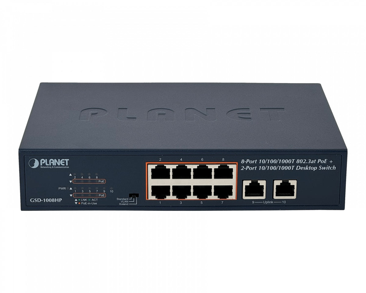 GSD-1008HP PLANET 10/1000 Mbps (8 puertos PoE+ 802.3af/at) 120W totales Switch no administrable para montaje en rack de 10 pulgadas, compatible con rack de 19 pulgadas