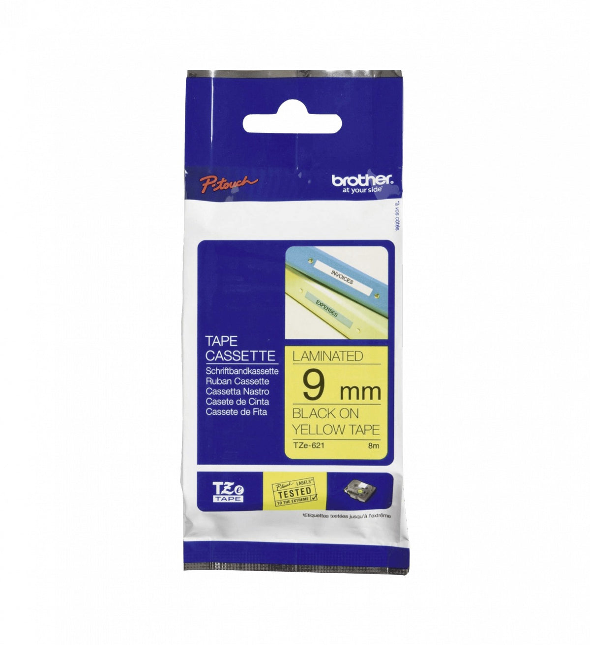 TZE-S621 BROTHER E-P 9mm Tinta Negra sobre Base Amarilla Cinta 8 metros para PT-H110 Adhesivo Reforzado