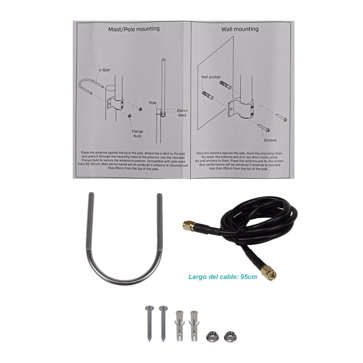 868-OMNI-ANTENNA MIKROTIK Antena omnidireccional de 6,5dBi para banda 824-960MHz, longitud 88cm, haz de 360x30º, conector SMA-H/M y cable de 1 metro