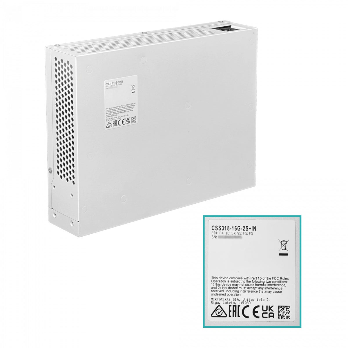 CSS318-16G-2S+IN MIKROTIK Conmutador de 16 puertos 1000Mbps, 2 ranuras SFP+ de 10Gbps, sistema SwOS Lite, montaje en bastidor, alimentación 100-240V, requiere cable C5