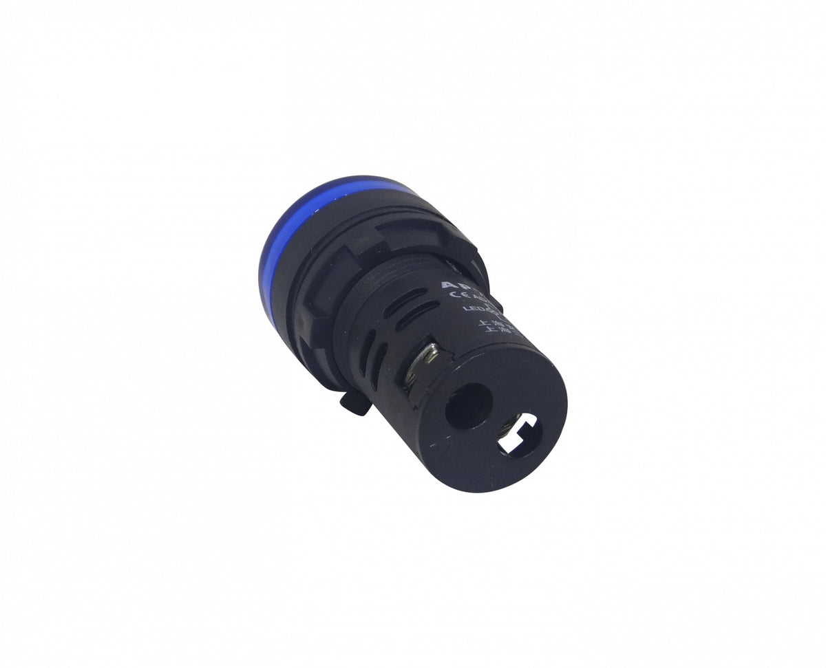 PILOTO-LED-A Indicador Luminoso Piloto LED Color Azul, Tensión 220VAC, Diámetro de Montaje 20mm, Diámetro de Cabeza 28mm, Altura Total 51mm