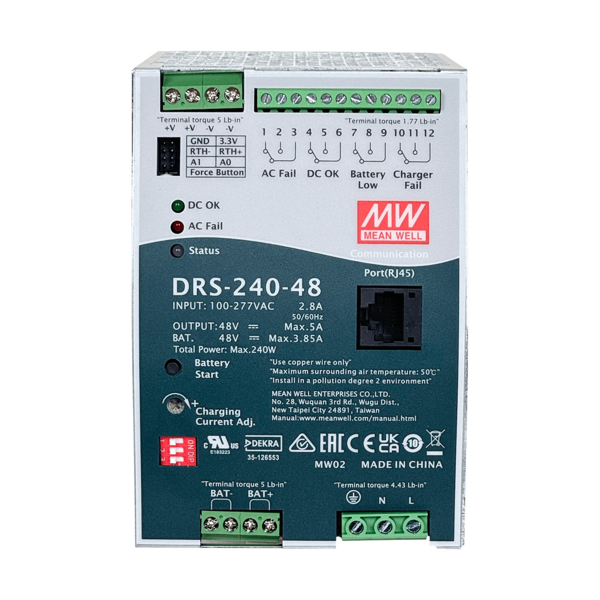 DRS-240-48 MEANWELL Fuente 48VDC 5A 240W 5-50AH RJ45 Ancho-86mm req/100-277V Carril-DIN