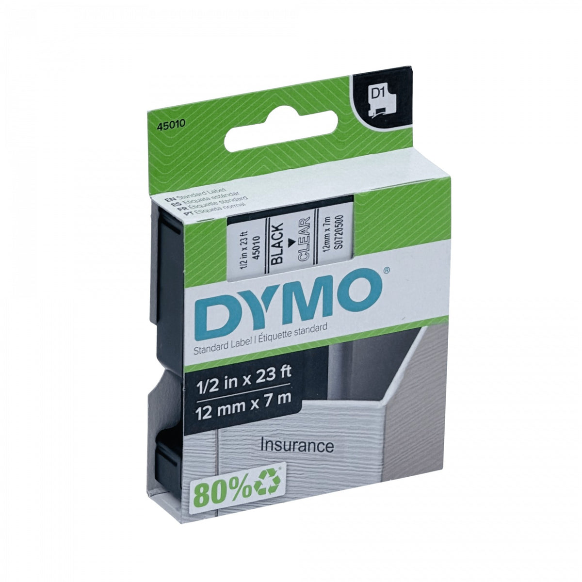45010 Cartucho de cinta DYMO D1 de 7 metros, color negro sobre fondo transparente, ancho de 12 mm
