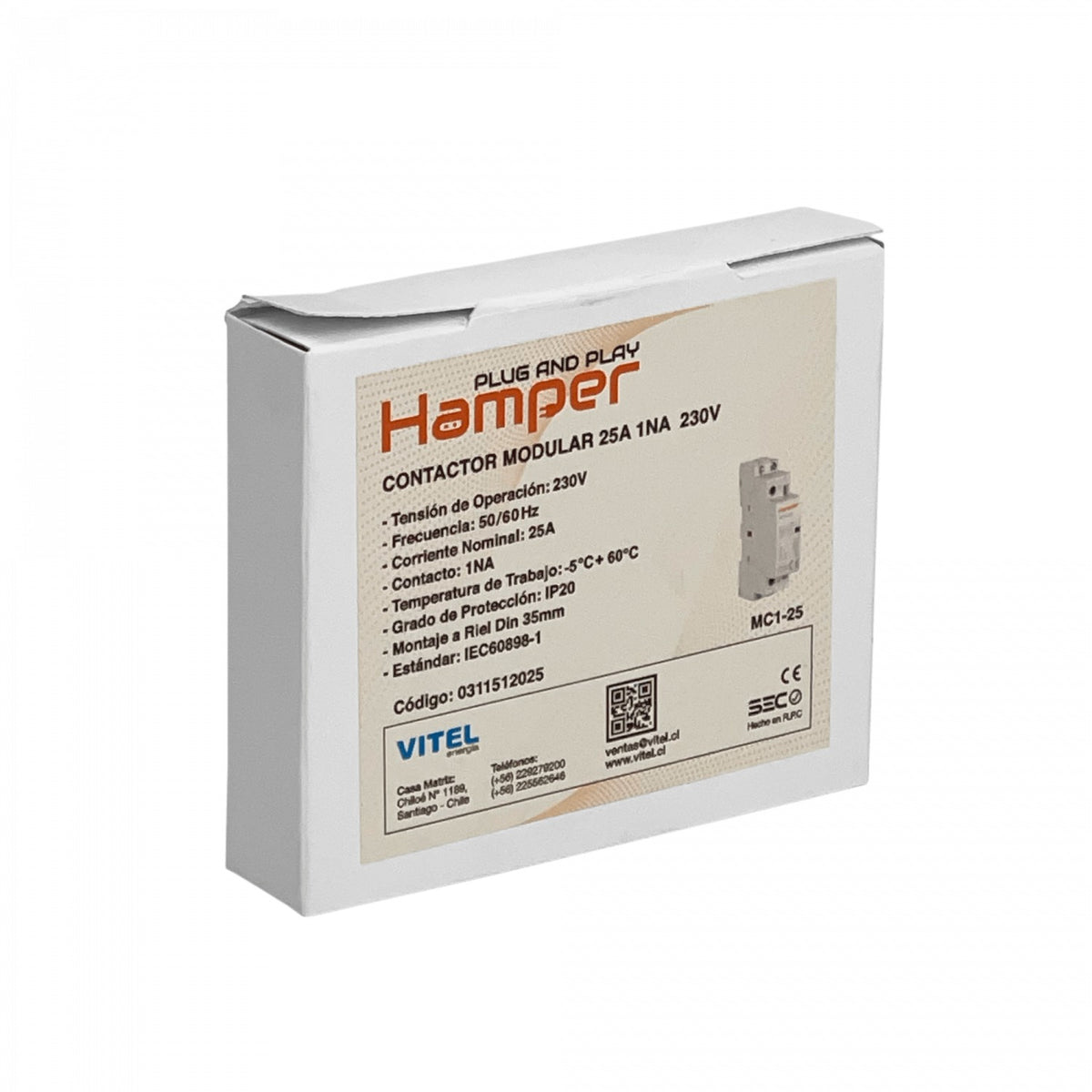 CONTA-25 HAMPER 25A Contactor Monofásico Carril DIN 230/400V 1 Contacto NA IP20 Homologado SEC
