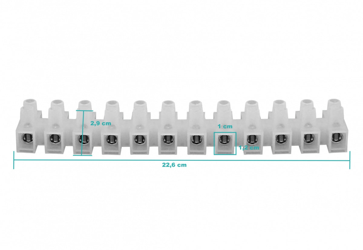 REGLETA-100A. Regleta de conexión con tornillos de 12 pares, capacidad de 100 amperios, cable de 21,2 mm², 380 V, máximo 100 A, dimensiones 226x35x29 mm