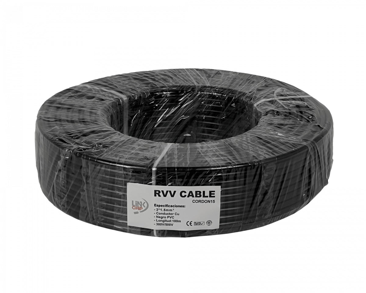 CORDON15 Cable Eléctrico Flexible RVV Negro, 3 Conductores de 1.5mm², Longitud 100 Metros, Capacidad 10-13 Amperios, Calibre 3x1.5mm
