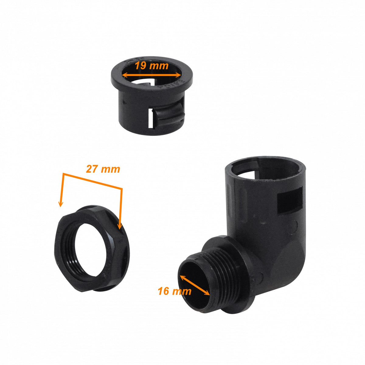 FLEP19-SC Conector Codo de 19mm para Prensacables de Conduit Flexible Plástico Negro