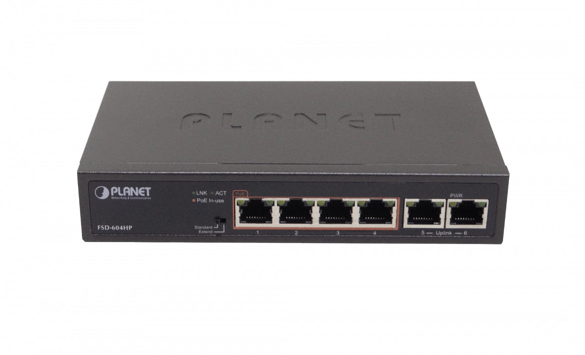 FSD-604HP PLANET Switch no administrable 6 puertos 100Mbps (4 PoE+ af/at) Extensión 250m Presupuesto total 60W No montable en rack