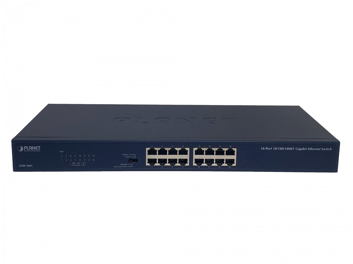 GSW-1601 PLANET Switch No Administrable Capa 2 de 16 Puertos 10/100/1000 para Rack 220V-Directo con Selector de 4 Modos