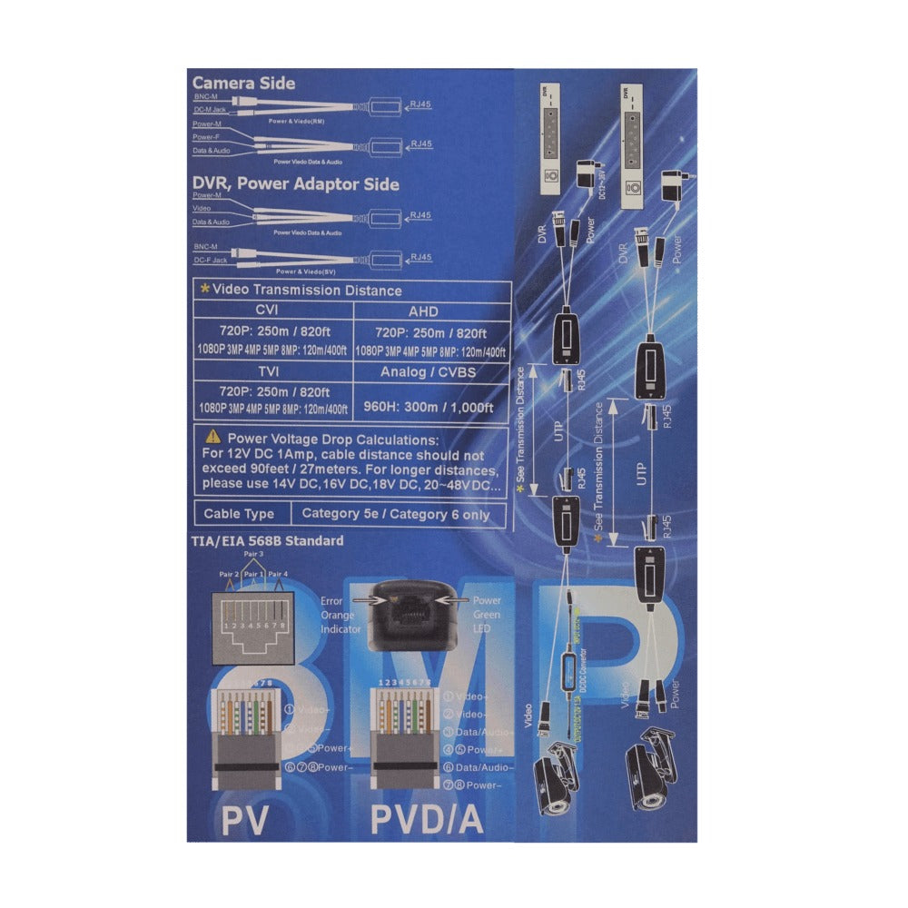 BALUN-RJ45 Video Balun RJ45-H BNC-M UTP Cat5e Cat6 8MP HD Plug-M/H req/12-48Vdc