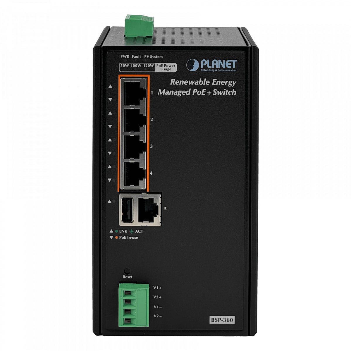 BSP-360 PLANET Switch Gestionable 5 Puertos 1000-PoE+ Alimentación Solar PV24-45V/120W Requiere Batería 24V Carril DIN