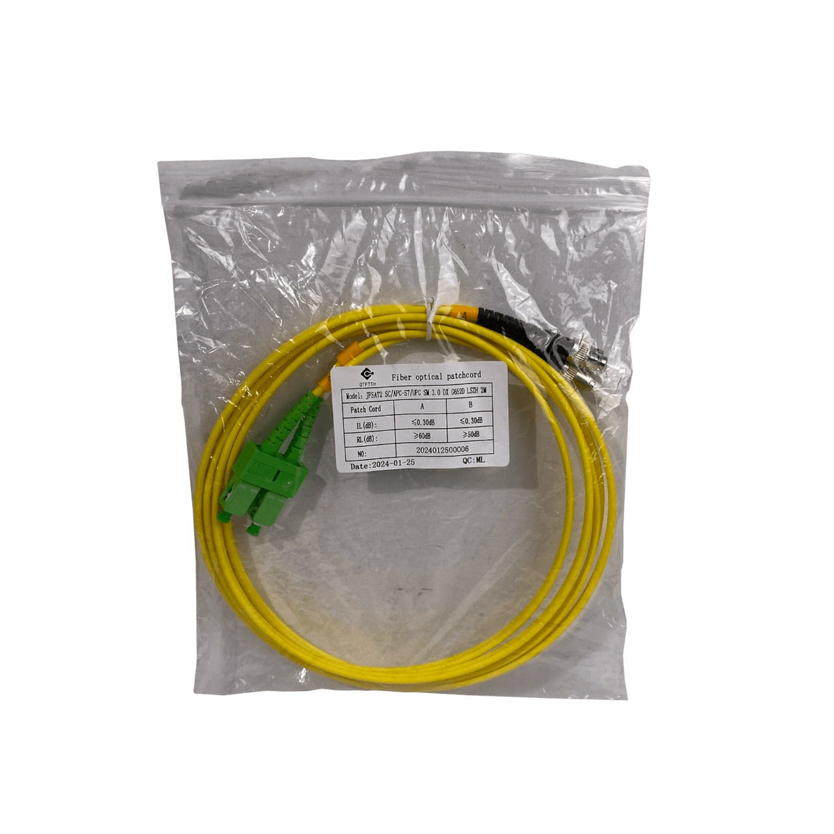 JFSAT2. Cable puente de fibra óptica monomodo dúplex de 2 metros, conectores SC/APC a ST/UPC, núcleo 9/125 µm y cubierta de 3 mm.