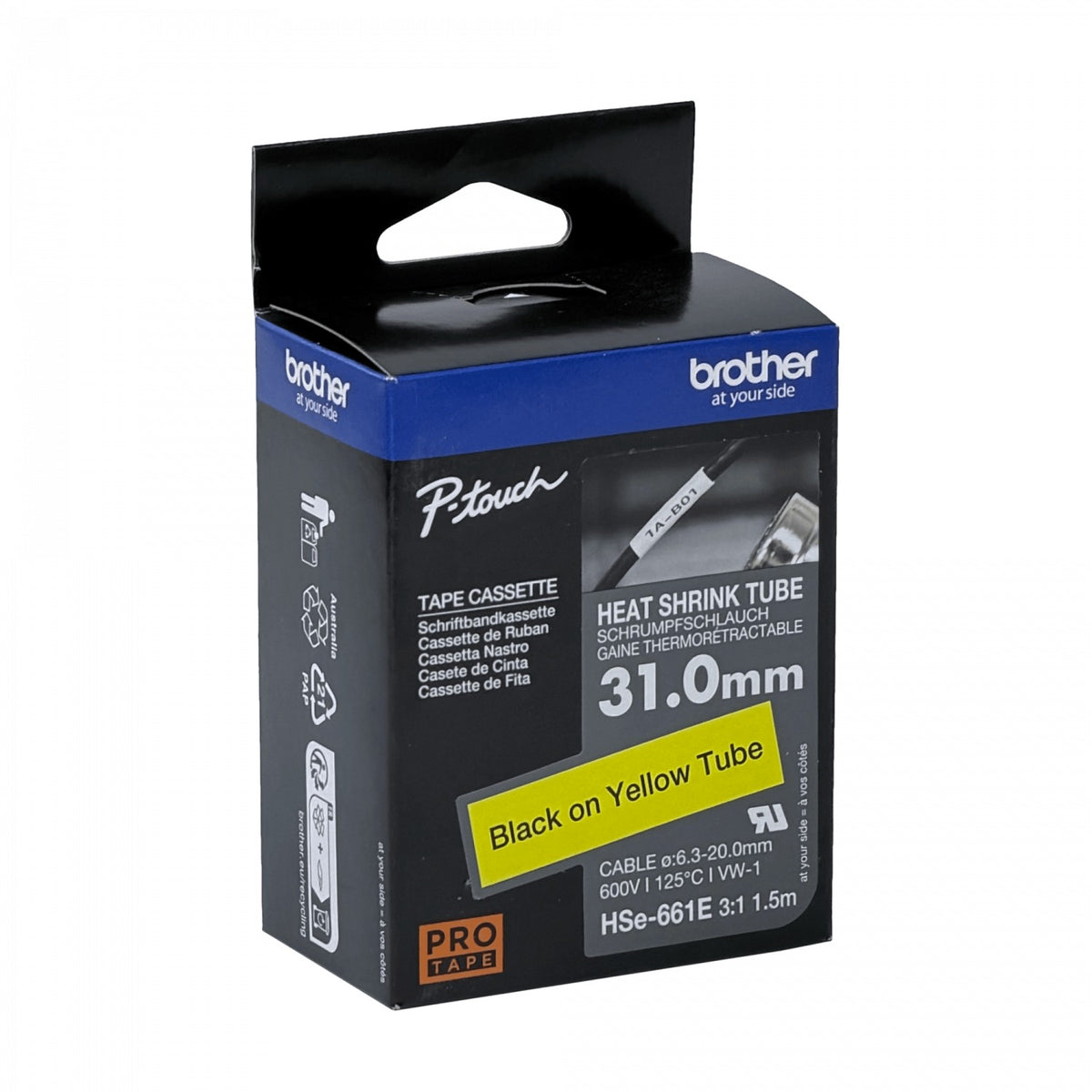 HSE-661E BROTHER 31mm Ancho Termocontraíble 6,3-20mm Negro sobre Amarillo Tubería 1,5mt
