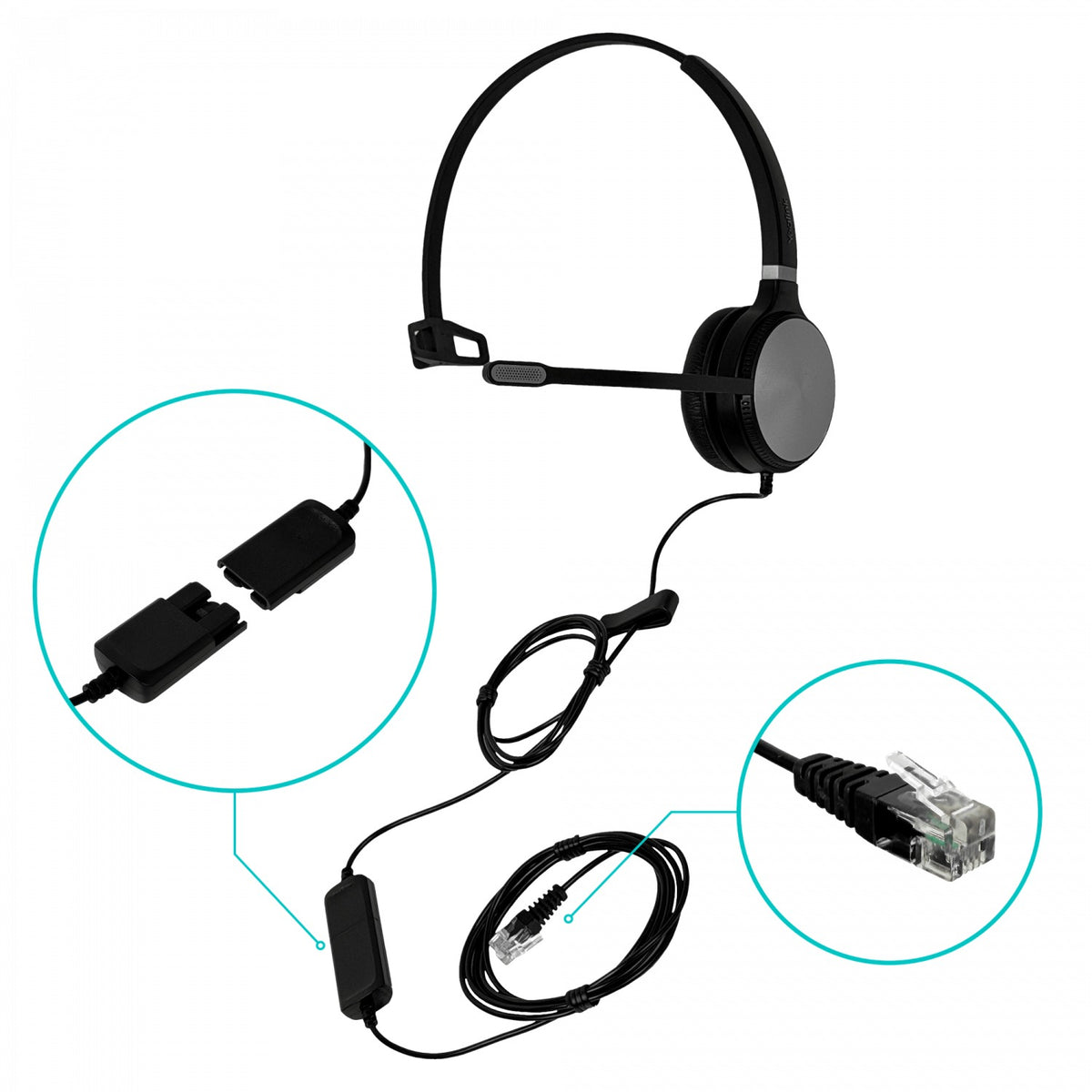 YHS36-MONO YEALINK Diadema Monoauricular con Cable de 2m y Conector RJ9 Compatible con T30/31/33/57 con Supresión de Ruido