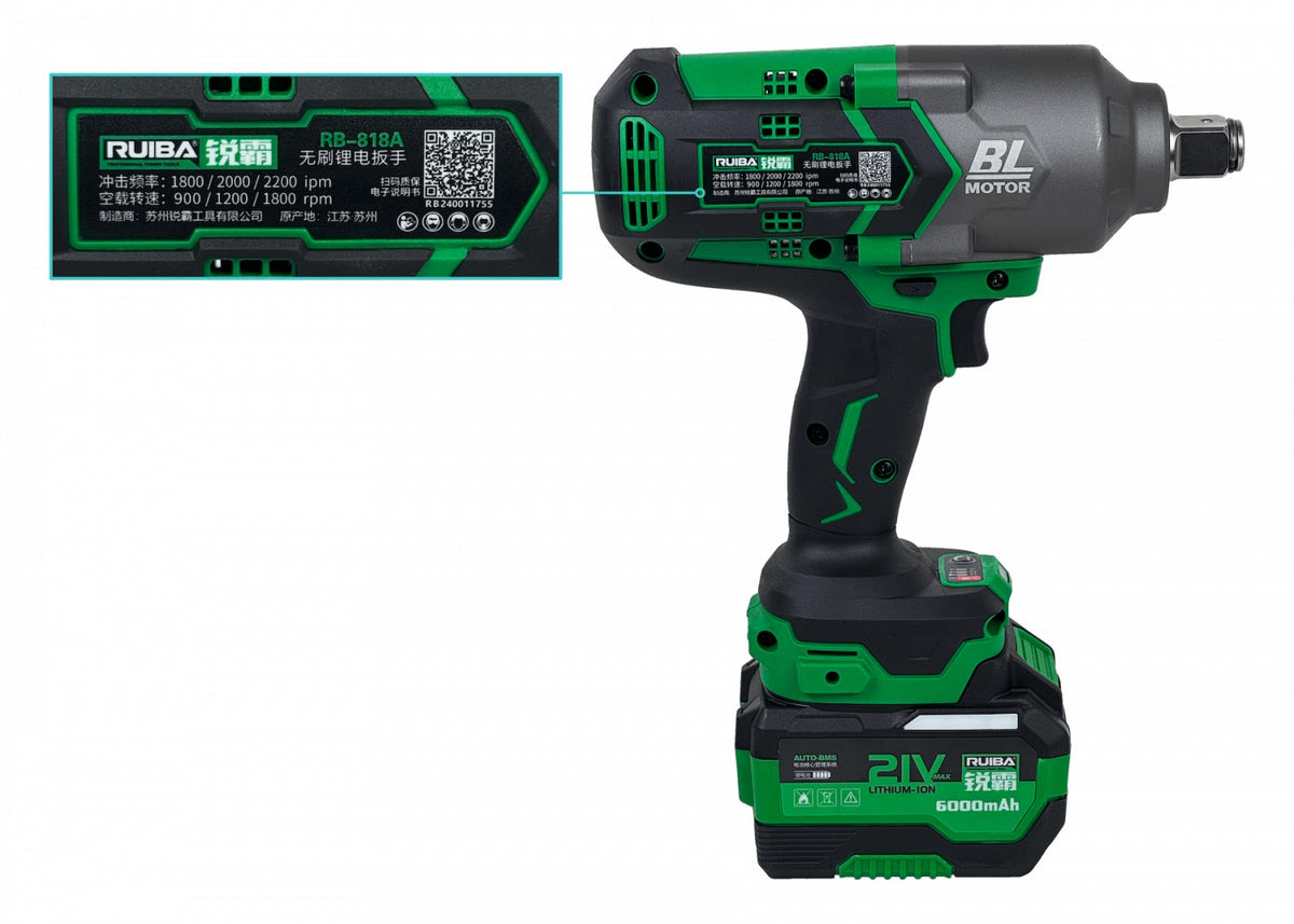LLAVE-900 RUI Destornillador de impacto sin cable 3/4 pulgadas 19mm + 2 Acumuladores de iones de litio 21V 4Ah