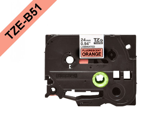 TZE-B51 BROTHER Cartucho de cinta de 5m para PT-E550WVP/D600V, impresión negra sobre base naranja fluorescente, 24mm