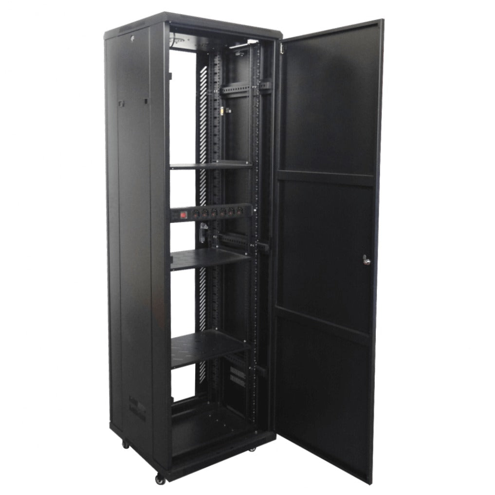RK42-6L LINKMADE Armario rack de vidrio 42U 600mm fondo 60cm con turbina, PDU y bandeja color negro