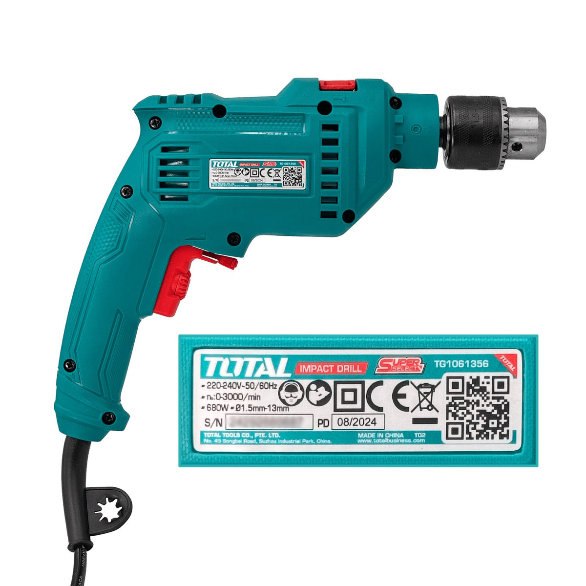 TALU-7 TOTAL 680W 240VCA 3000RPM Portabrocas-13mm Taladro Percutor TG1061356