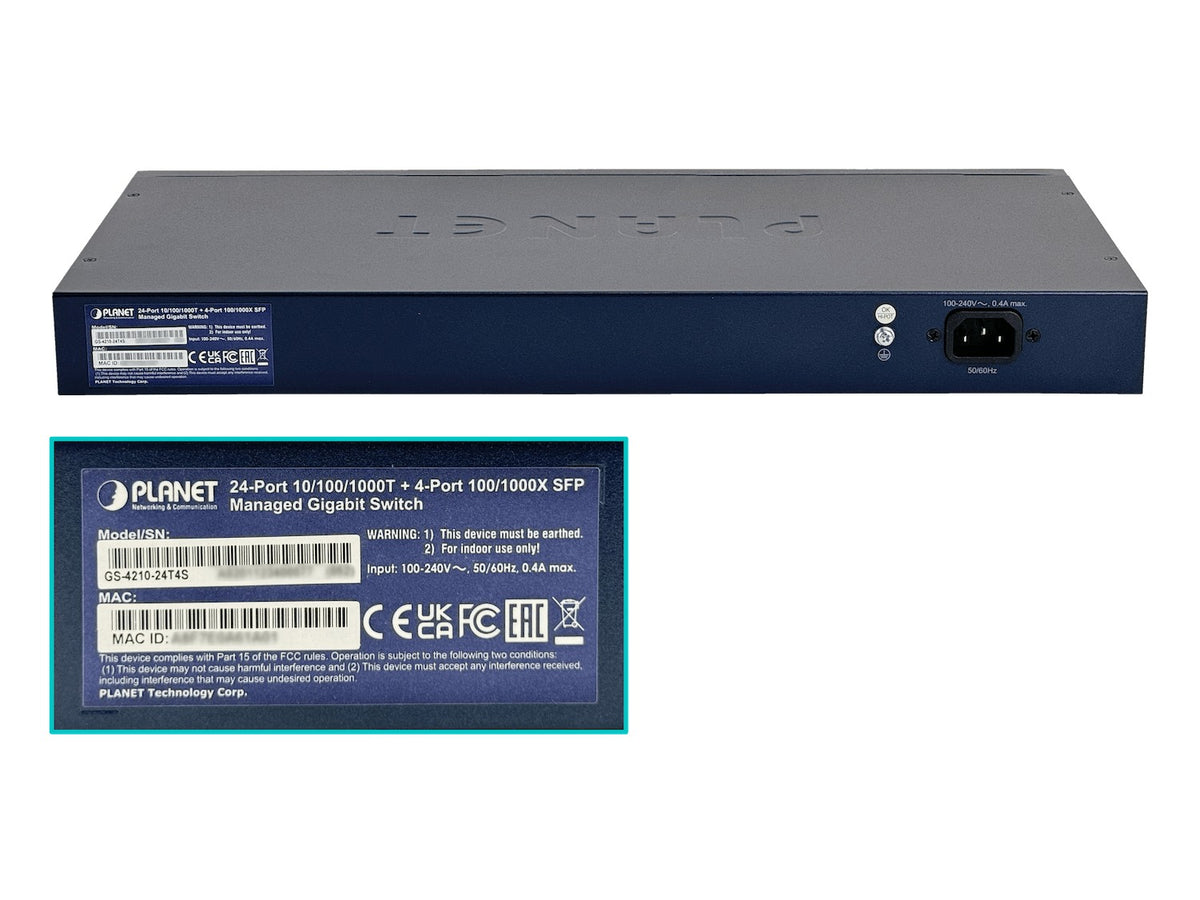 GS-424 PLANET 24-Puertos 1000 4-Ranuras SFP Consola Conmutador Administrable Rack 28-bocas GS-4210-24T4S