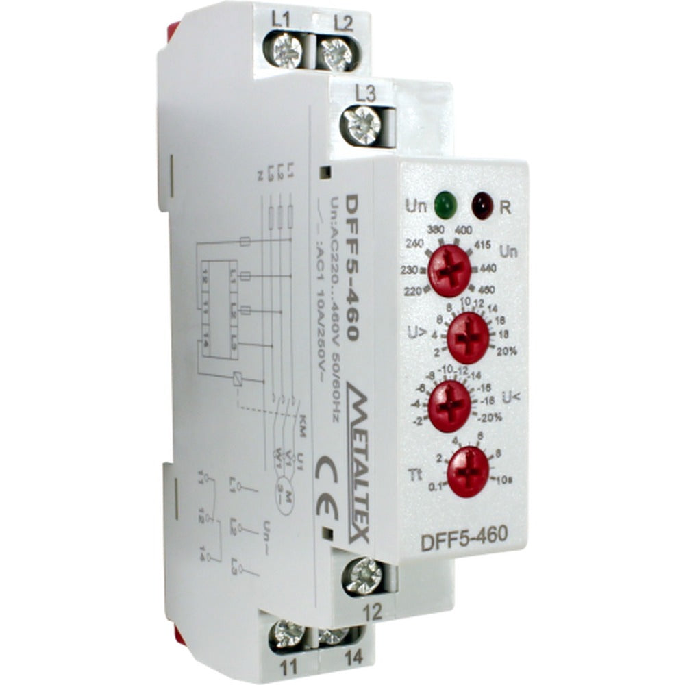 Relé de protección falla, inversión, sub y sobre tensión de fase trifásico  de fase trifásico 220 a 460VAC serie DFF5-460