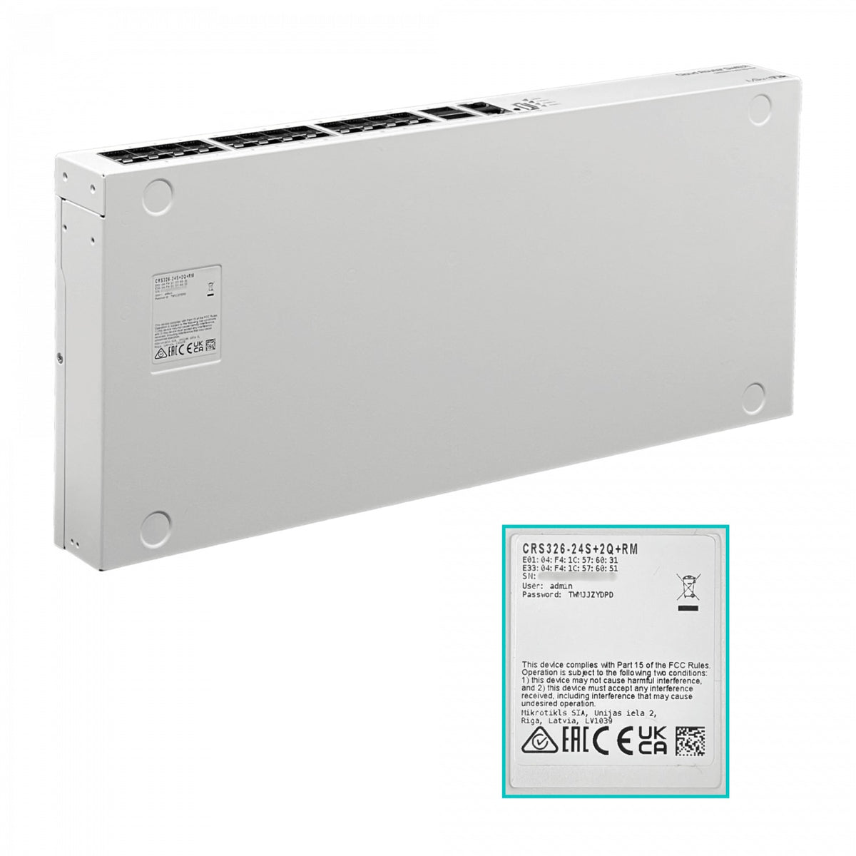 CRS326-24S+2Q+RM MIKROTIK Conmutador Rack 24 Puertos SFP+ 10G 2 Puertos QSFP+ 40G 1 Consola 100Mbps Licencia L5 Doble Fuente Alimentación