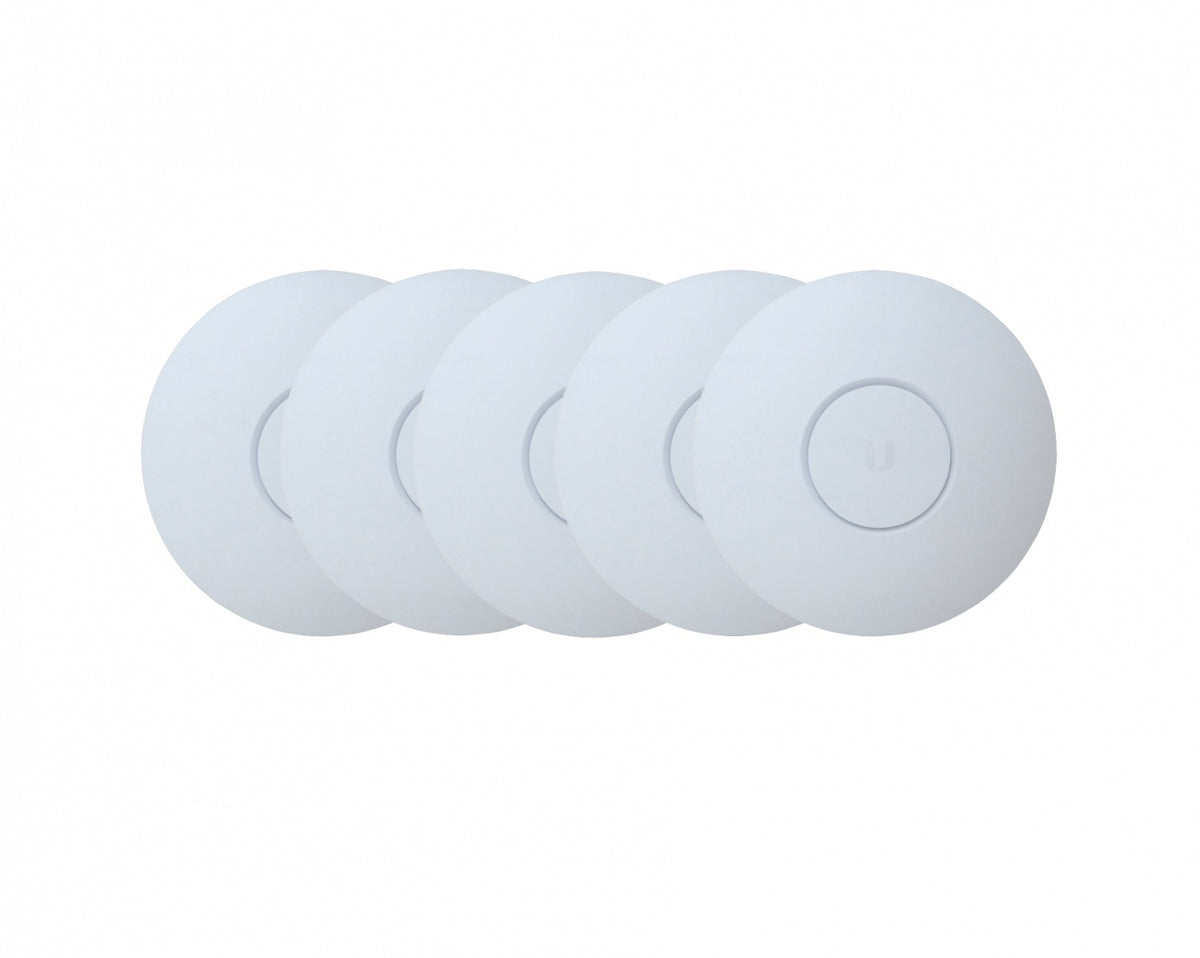 UAP-AC-HD-5. UI 5 unidades 4x4 1733 Mbps en 5 GHz, 800 en 2,4 GHz, 4/3 dBi, requiere PoE 48 V/17 W, 2 puertos 1000 UBIQUITI