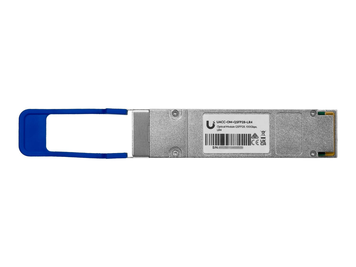 100G-10K. Módulo Ubiquiti QSFP28 de 100G con 2 conectores LC, alcance 10 km sobre fibra monomodo, longitudes de onda 1295-1309 nm para recepción/transmisión, referencia UACC-OM-QSFP28-LR4.