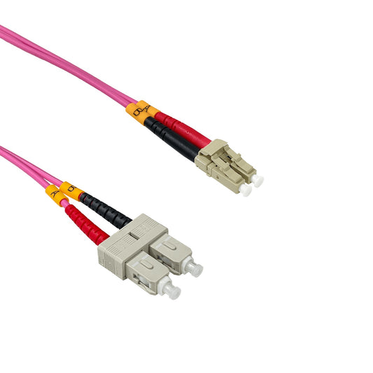 JF4LC200. Cable de fibra óptica multimodo OM4 dúplex LSZH de 200 metros con conectores LC-SC, núcleo de 50/125 µm y cubierta de 3 mm