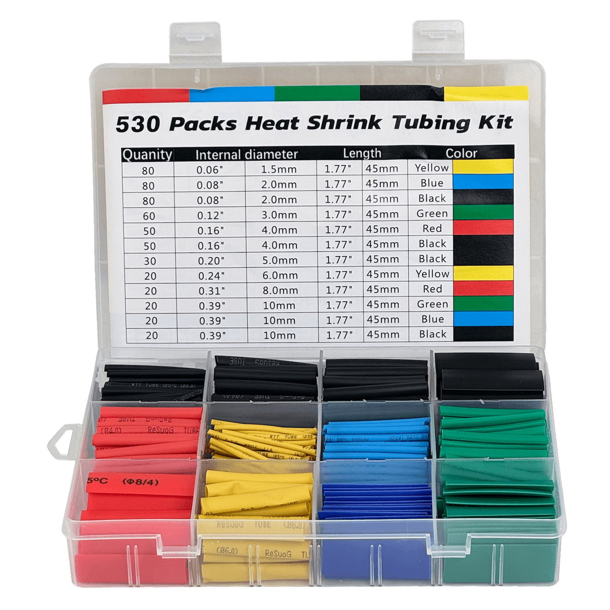 KIT-TERMO Conjunto de Fundas Termocontraíbles 530-Unidades 1,5 2 3 4 5 6 8 10mm Surtido-Colores