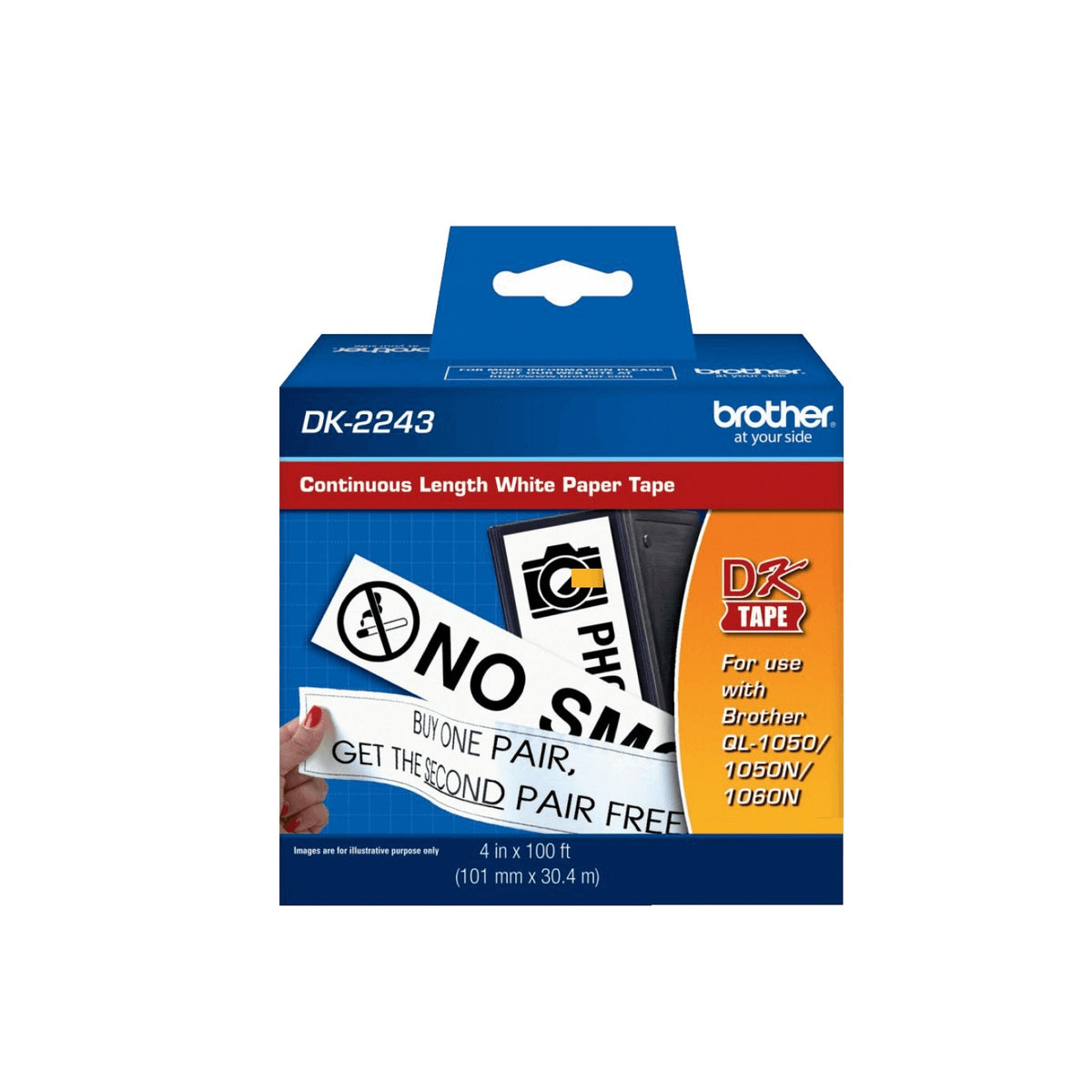 DK2243. Rollo continuo adhesivo de papel de 101 mm de ancho y 30,4 m de largo, impresión negra sobre fondo blanco, compatible con equipos QL de Brother.