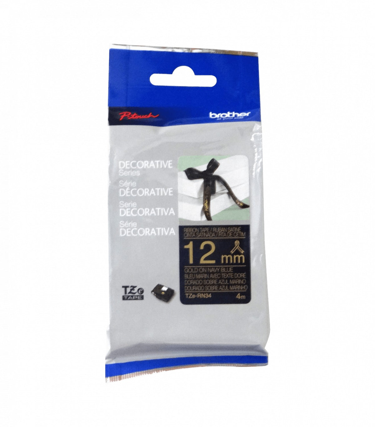 TZE-RN34 BROTHER Satin 12mm Dorado en Fondo AzulMarino Cinta 4mt p/PT-H110/H200