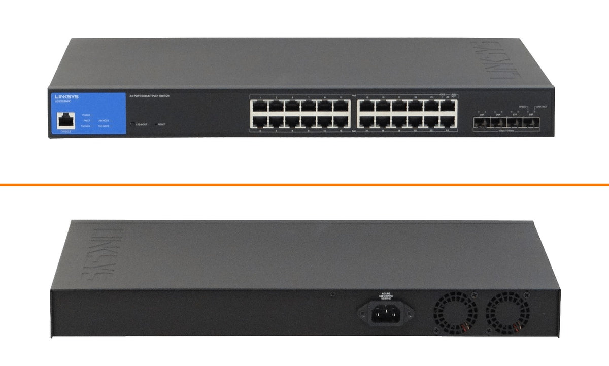 LGS328MPC LINKSYS Conmutador 24 puertos 1000 con PoE-at 4 ranuras SFP+10G 410W total Administrable RJ45-Consola Montaje Rack