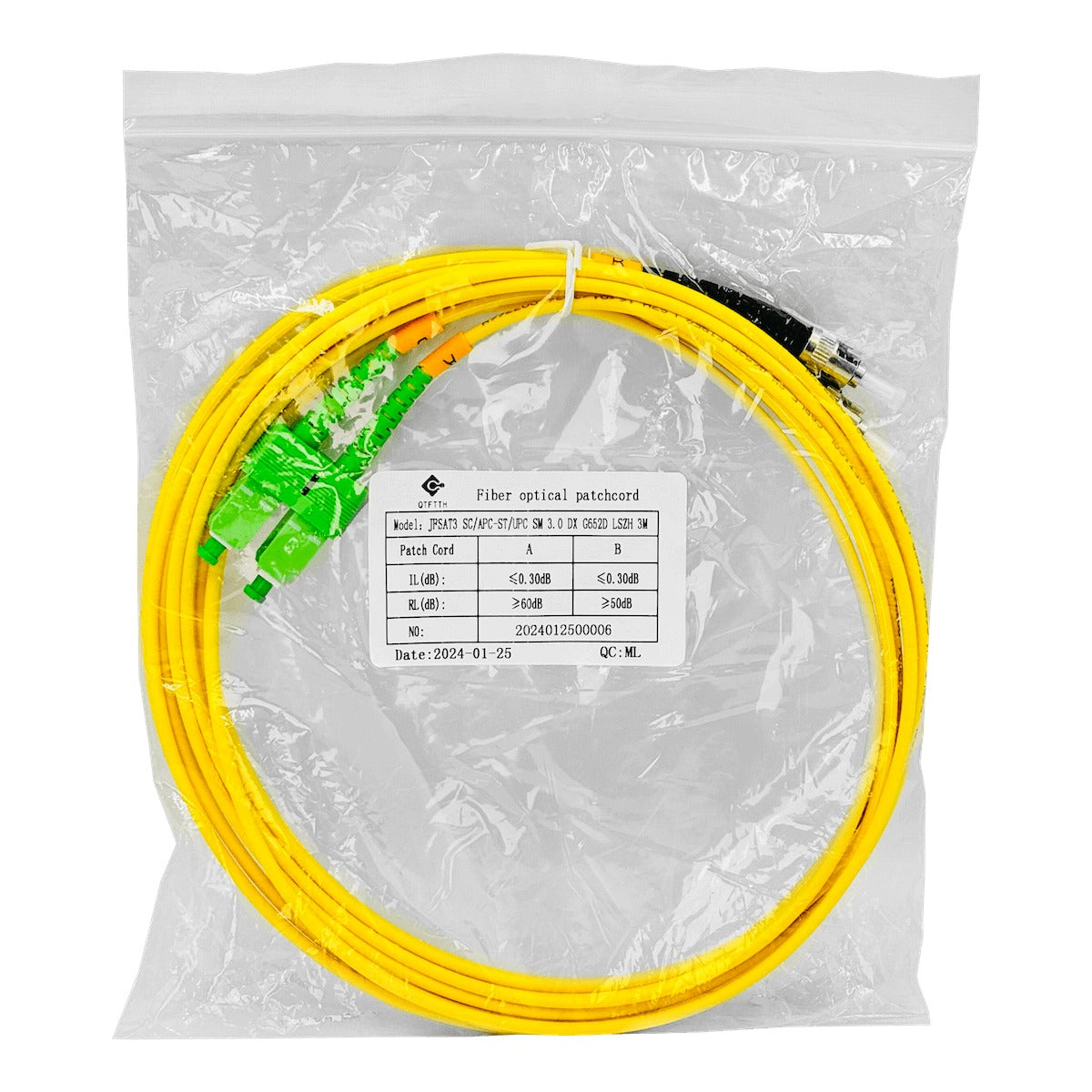 JFSAT3. Cable puente de fibra óptica monomodo dúplex de 3 metros con conectores SC/APC a ST/UPC, diámetro de 3 mm y fibra 9/125 µm.