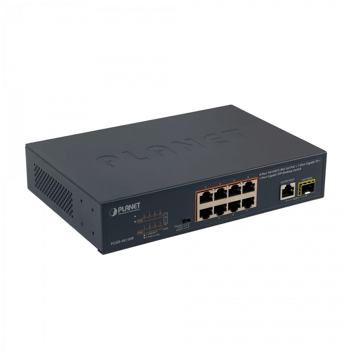 FGSD-1011HP PLANET Switch No Administrable de 19 Pulgadas con 8 Puertos 100Mbps PoE+at, 1 Puerto 1000Mbps, 1 SFP y 120W Totales