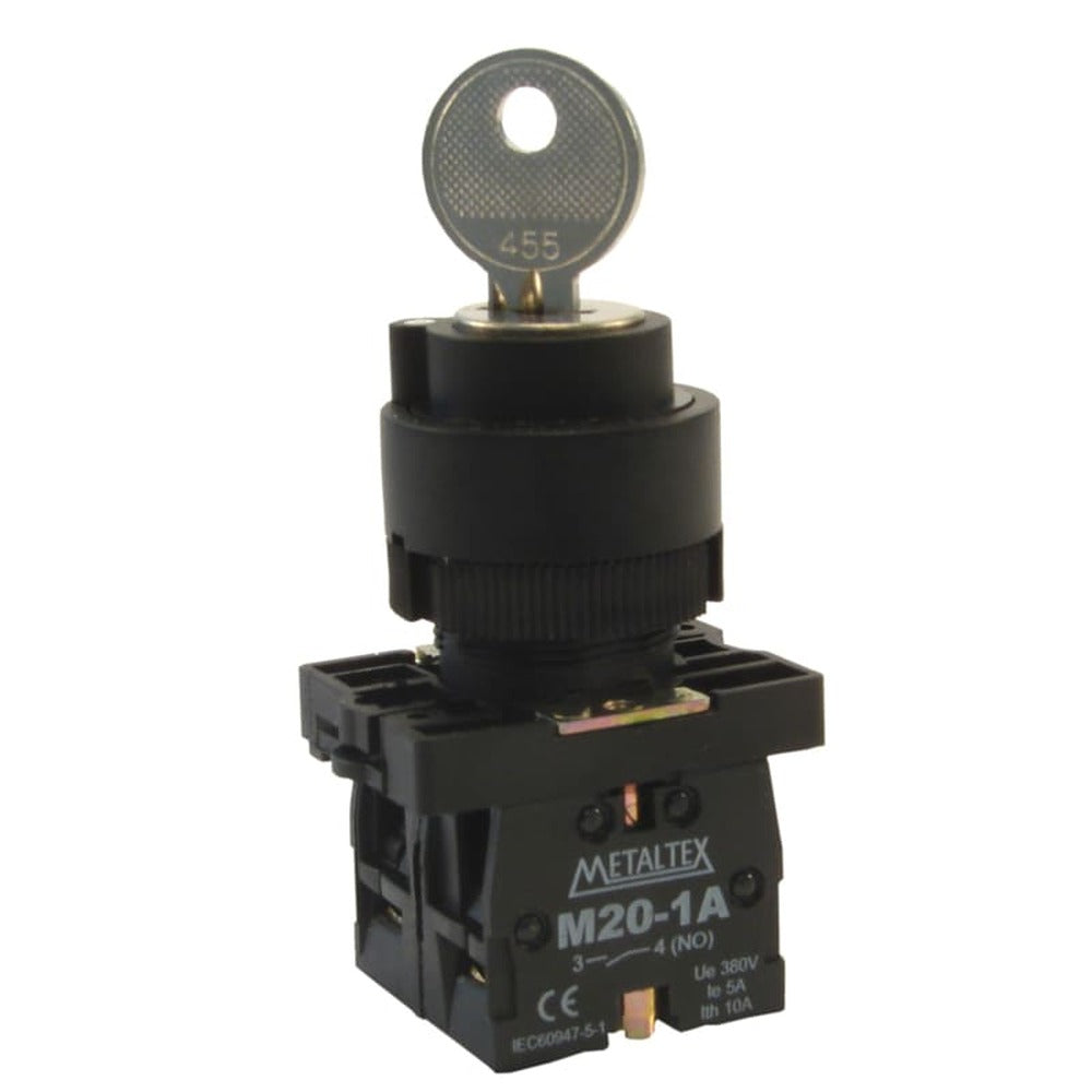 Selector con llave plástico 2 y 3 posiciones fijas 22mm serie P20 - 2NA - 4 - 3 Posiciones fijas 45°