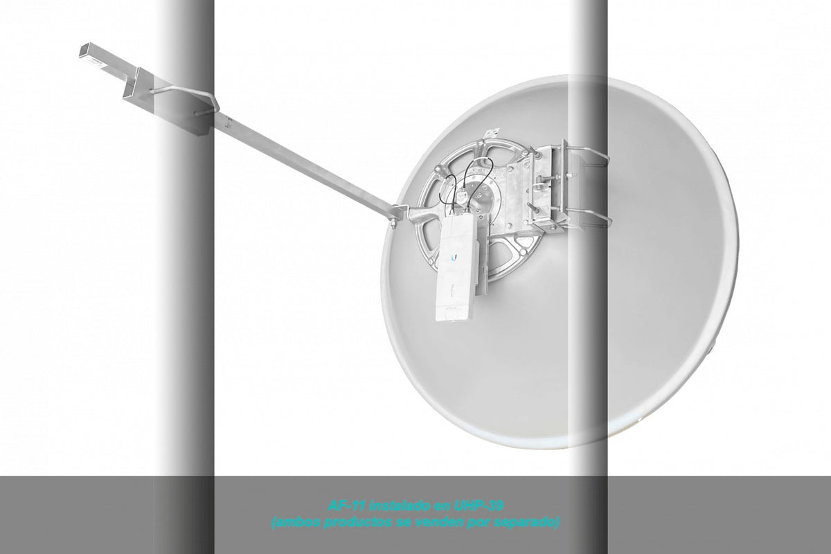 UHP-39 Antena ALGCOM con aislador y radomo integrados para banda de 11GHz, reflector de 1,2 metros, ganancia de 39dBi, rango de 10,0 a 11,7GHz, ancho de haz de 1,4°, configuración 2x2 y dos conectores RPSMA hembra
