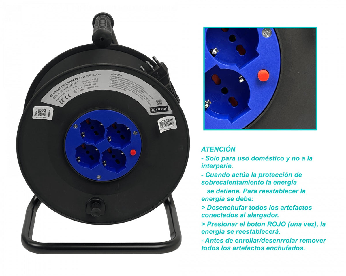 ALARG-440 RITTIG Alargador de carrete de 40 metros con 4 tomas multinorma con protección, 1 interruptor magnetotérmico de 16A y 250V