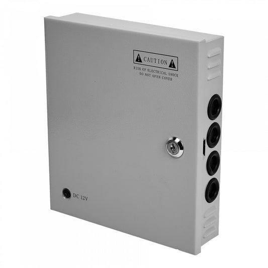 F12-10T Fuente de Alimentación 120W 12VDC 10A 9-Canales Gabinete con Llave Indicador Luminoso 100-240VAC