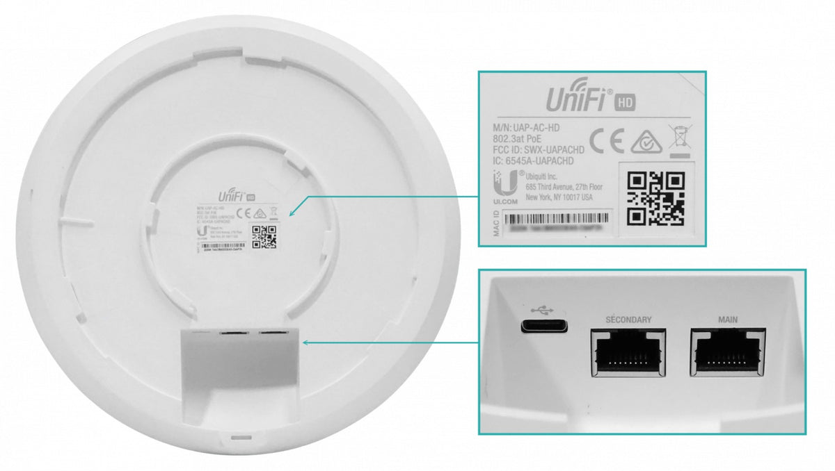 UAP-AC-HD. Punto de acceso inalámbrico 4x4, 1733 Mbps en 5 GHz y 800 Mbps en 2,4 GHz, antenas de 4/3 dBi, incluye PoE 48V/24W, 2 puertos 1000, modelo UAP-HD-AC de UBIQUITI
