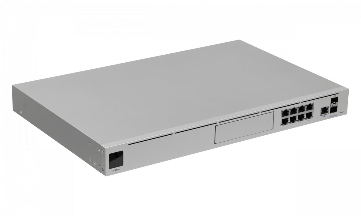 UDM-PRO. Controlador UniFi Cloud Gateway de 1U para rack, alimentación 240VAC/USP, con 2 puertos WAN y 2 puertos SFP+ de 10G, interfaz 9-1000, modelo UDM-PRO-EU de UBIQUITI