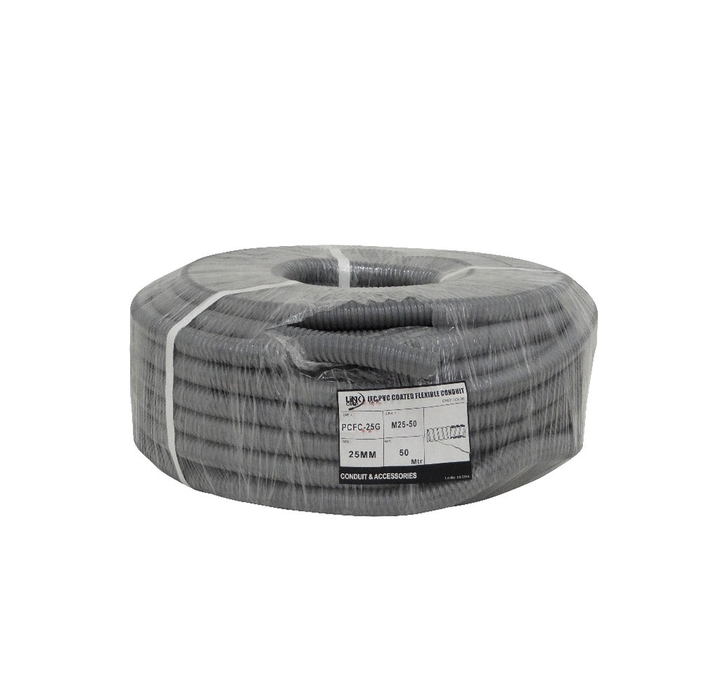M25-50 Conducto metálico flexible de 25mm de diámetro, rollo de 50 metros, recubrimiento de PVC, medida 3/4 de pulgada, tipo PCFC